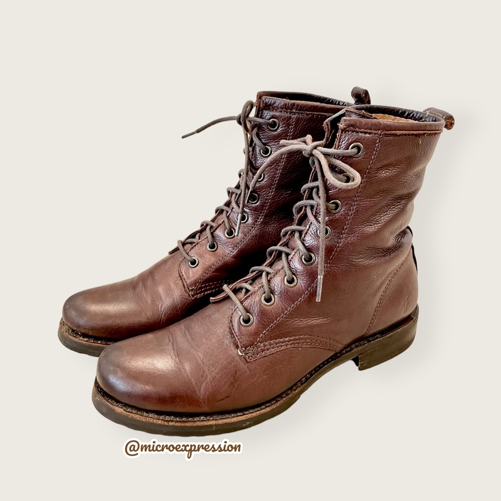 $378 Frye Veronica Combat Brown Leather Lace Up Moto Combat Comfy Ankle Boot - Picture 11 of 16